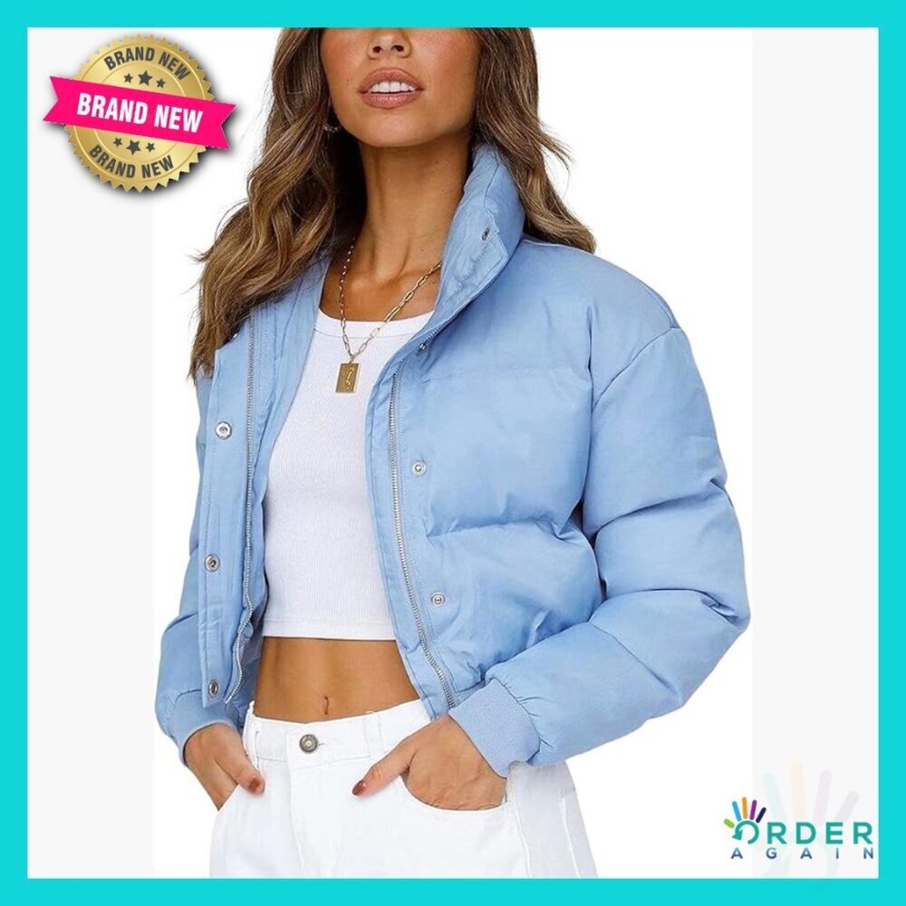 Cropped Puffer Jacket Quilted Faux Leather Stand Collar Winter Coats Chic